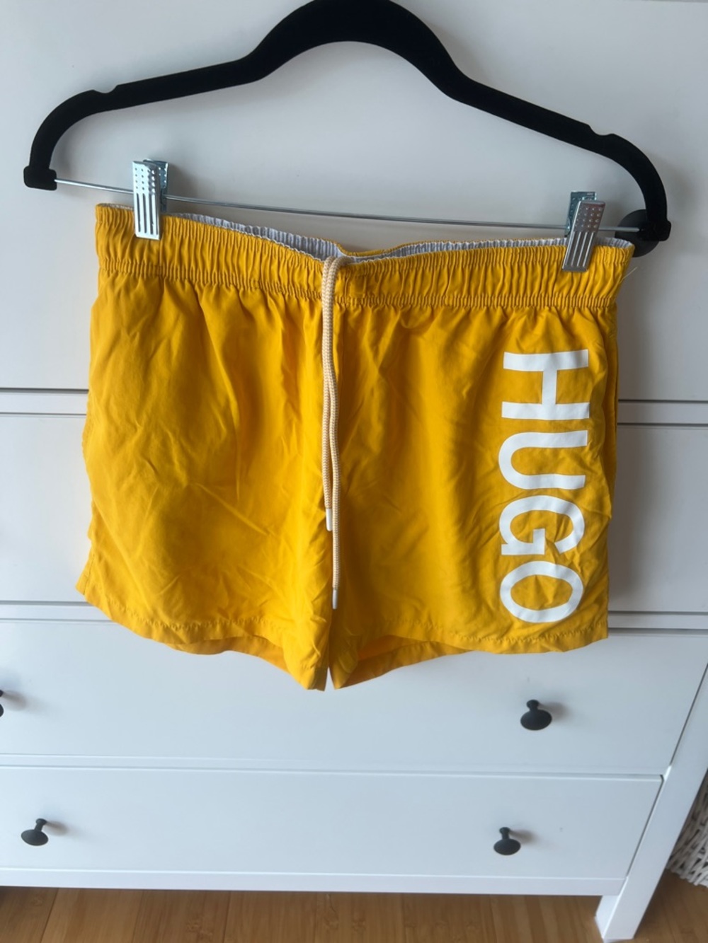 HUGO Boss Yellow Orange Men's Short Swim Trunks with White Logo Medium Men’s